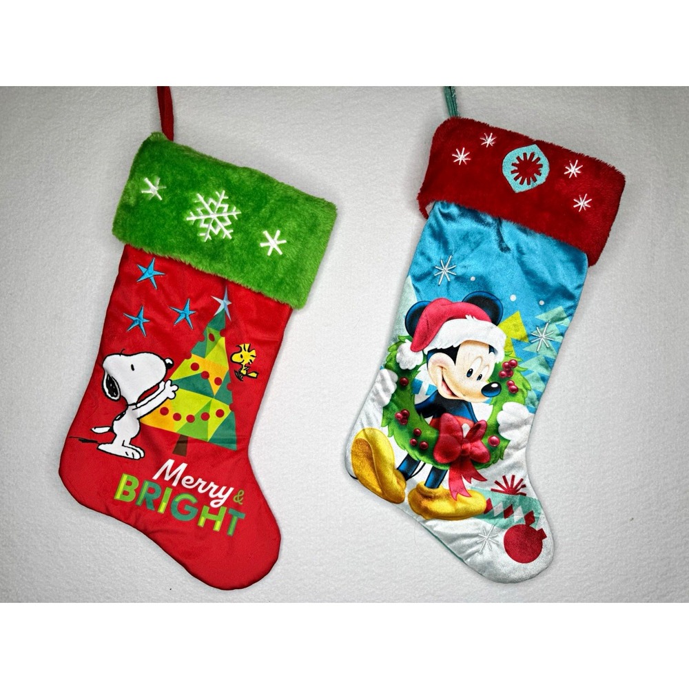 Disney Mickey Mouse Peanuts Snoopy Christmas Stockings Lot 2 Plush Holiday
